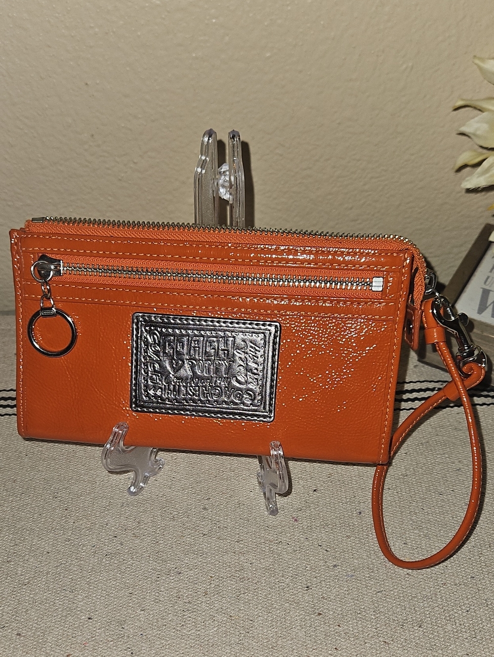 Coach Orange Poppy Patent Zippy Wallet/Wristlet with Silver Plaque